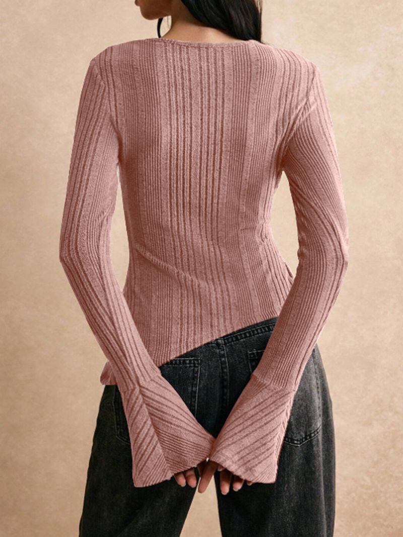 Autumn Winter New Women's Solid Color Casual Fashion Trendy Ribbed Patchwork Long Sleeve Button T-Shirt_voghion.com