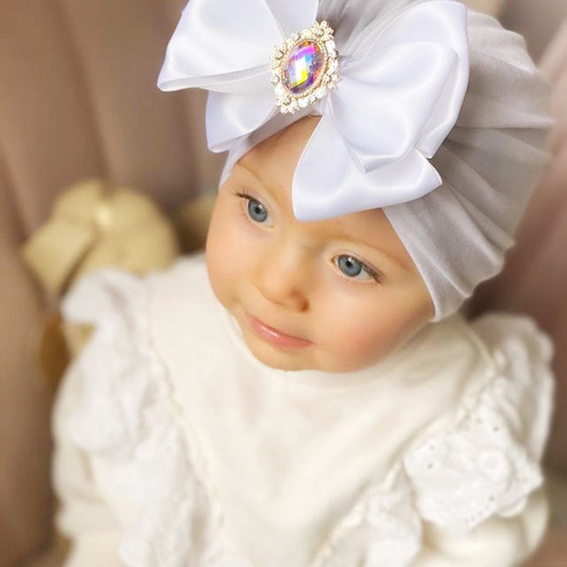 Gorro indio infantil con lazo y diamantes de imitación brillantes, gorros de algodón suave y agradable para la piel para niña, turbante, lazos hechos a mano a la moda_voghion.com