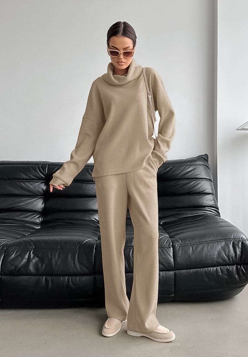 Suéter de malha cáqui com gola alta para outono e inverno, feminino, casual, simples, camisa, blusa, calça comprida, conjunto de duas peças feminino_voghion.com
