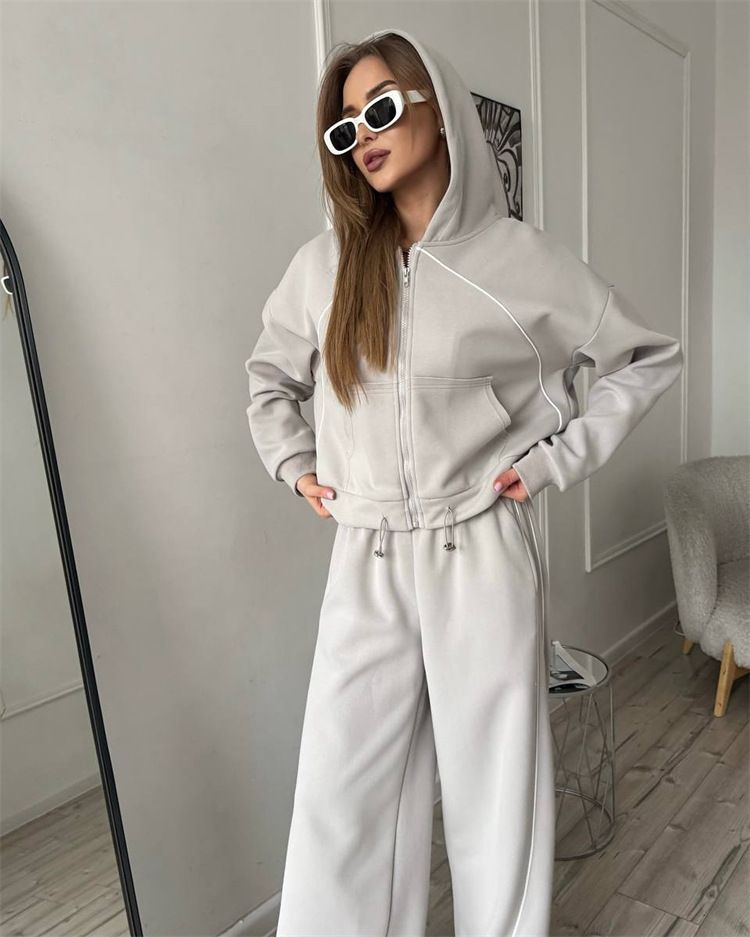 Lässiges Sportbekleidungsset für Damen – Langarmjacke mit Reißverschluss vorne und Jogginghose mit elastischem Bund (S–XL, einfarbig, Streetwear-Chic)_voghion.com