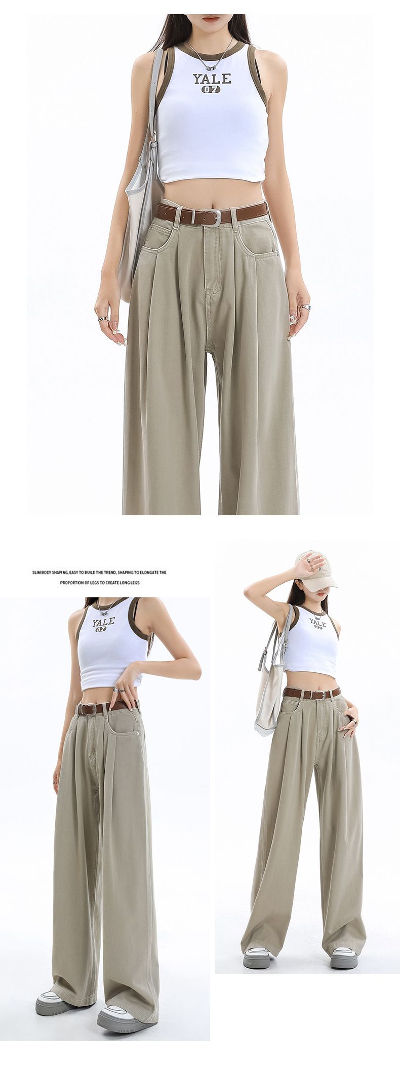 Jeans a gamba larga retrò a forma di pera da donna, vita alta, che coprono i fianchi e la pancia, snellenti, drappeggiati, larghi e versatili._voghion.com