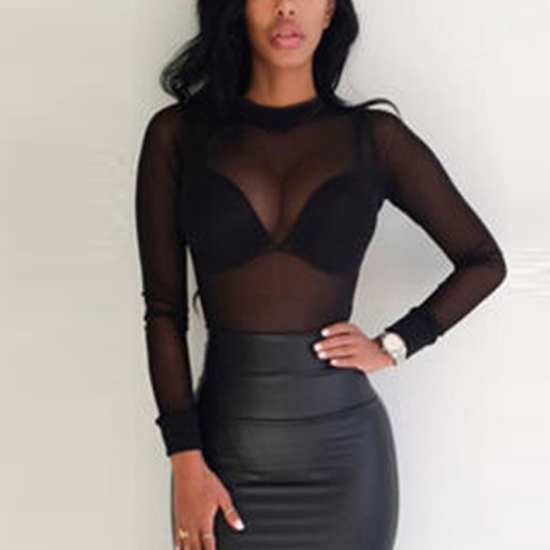 WSIH Elastic Tight Perspective Ultra Thin Sexy Mesh Bottom Shirt Transparent Long Sleeved T-shirt For Women_voghion.com