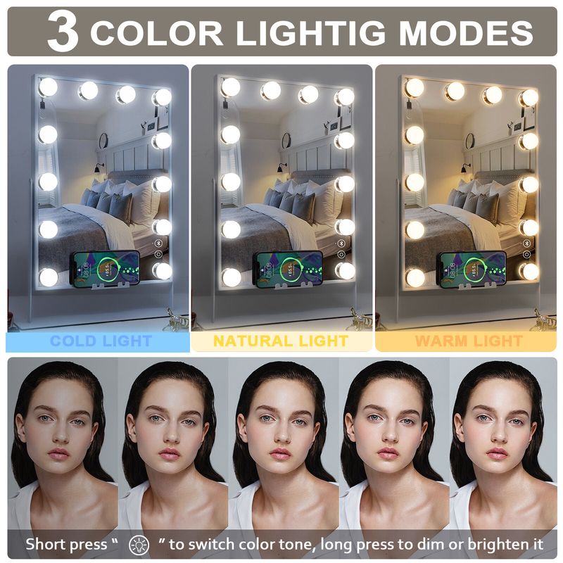 FENCHILIN Bluetooth Hollywood Vanity Mirror With Lights 12 LED & Wireless Charge_voghion.com