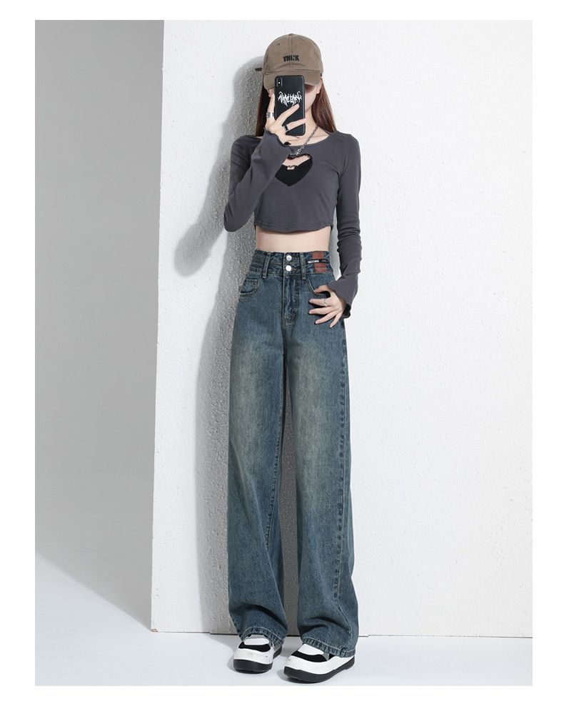 Retro-Jeanshose mit weitem Bein, lockere, gerade Hose 2025, neue hoch taillierte, hüftumwickelte und dünne Hose mit kleinem Wischdesign_voghion.com