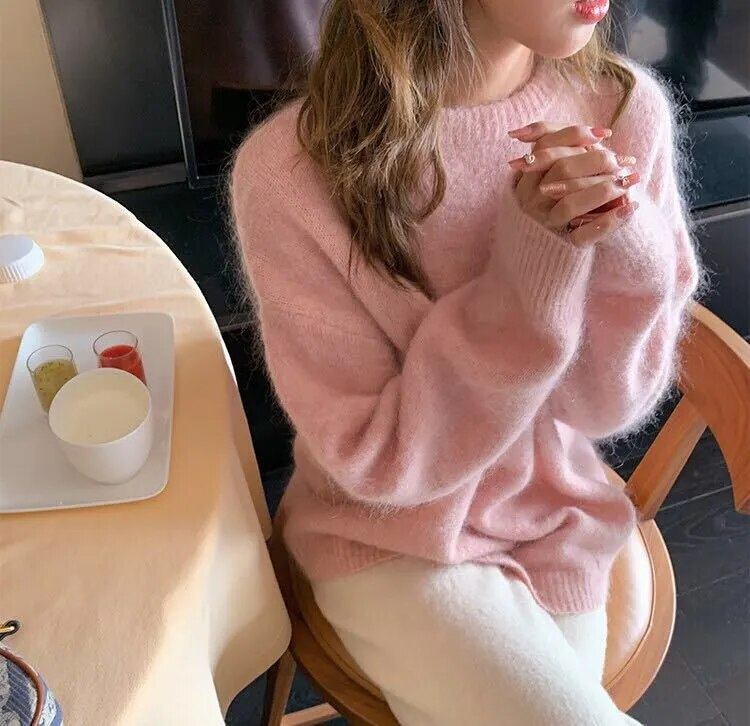 Weiß Mohair Verdicken Rollkragenpullover Herbst Winter Süße Mode Langarm Casual Einfarbig Pullover Pull Femme_voghion.com