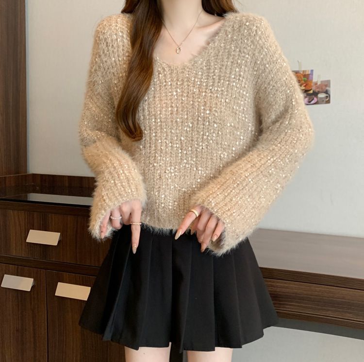 Mädchenpullover im europäischen Stil mit Paillettenkragen für Damen, Herbst und Winter, Übergröße, lockere Passform, hochwertiges Tragegefühl, kurz_voghion.com