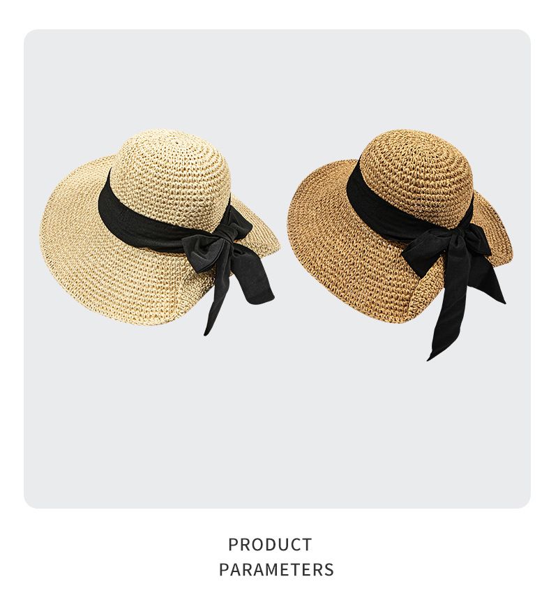 Instagram-Strohhut für Damen, Sommer, faltbarer Strandhut für Damen im Urlaub, Sonnenschutzhut mit Schleife, große Krempe, dünner, atmungsaktiver Strohhut_voghion.com