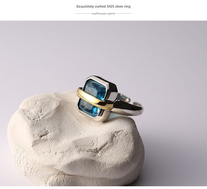 Sapphire Ring Sterling Silver Not Blue Square Colorblock Ring Women's INS Heavy Industry Ring Light Luxury J026_voghion.com