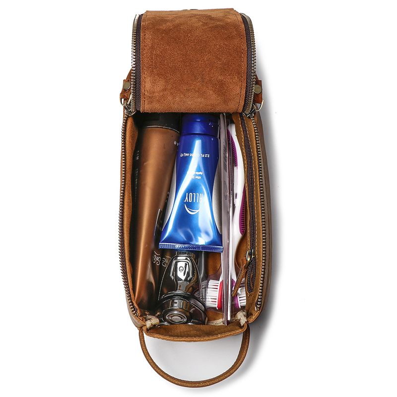 Retro multi-functional leather handbag for men's makeup bag, large capacity crazy horse skin toiletries storage bag_voghion.com