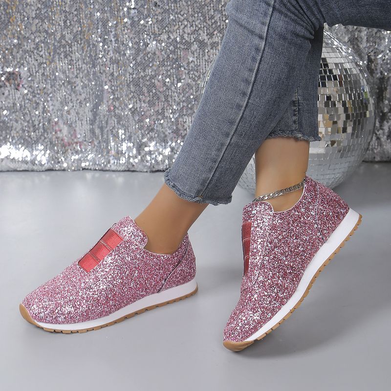 Women's single shoes sequin rhinestones elastic casual single shoes thick soled round head single shoes_voghion.com