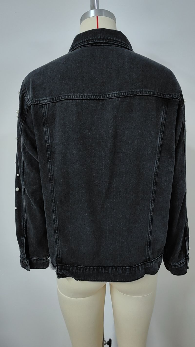 Women's Clothing Spring New Washed Beaded Long Sleeved Casual Denim Jacket Top_voghion.com
