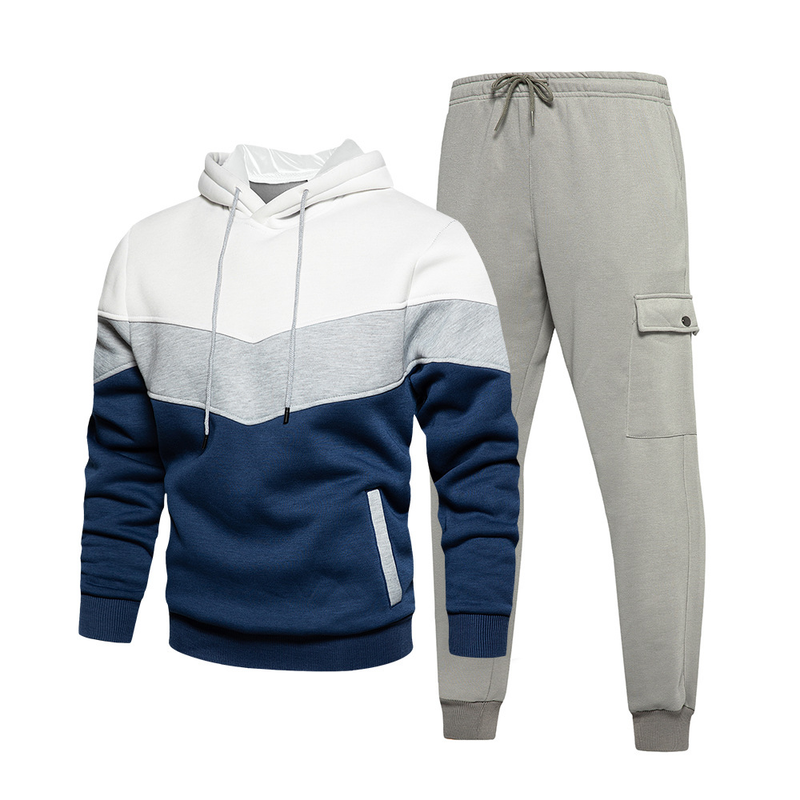 Conjunto deportivo informal de dos piezas con capucha y contraste de color para hombre_voghion.com