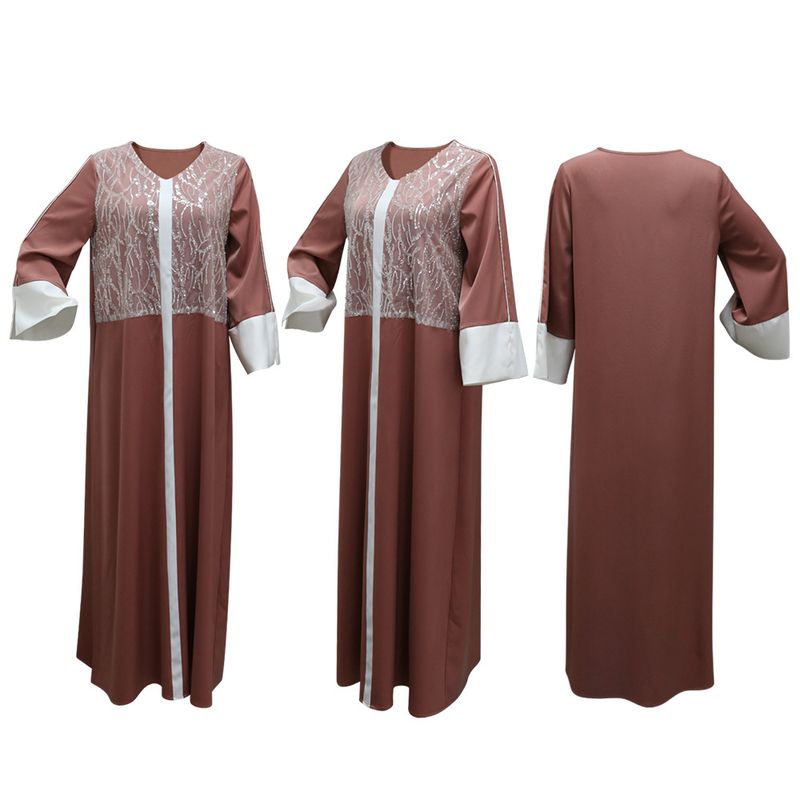Roupas femininas Vestido muçulmano cetim contraste cor costura lantejoulas saia longa não inclui lenço na cabeça_voghion.com