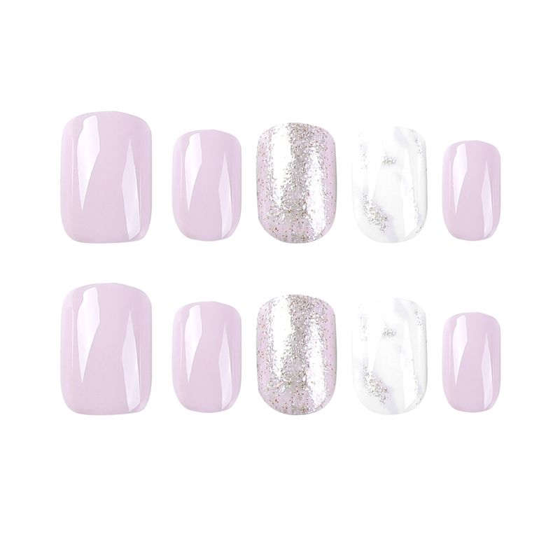 Wearing Short Purple And White Contrasting Color Stun Patches, Glittering Powder Products, Press On Nail_voghion.com
