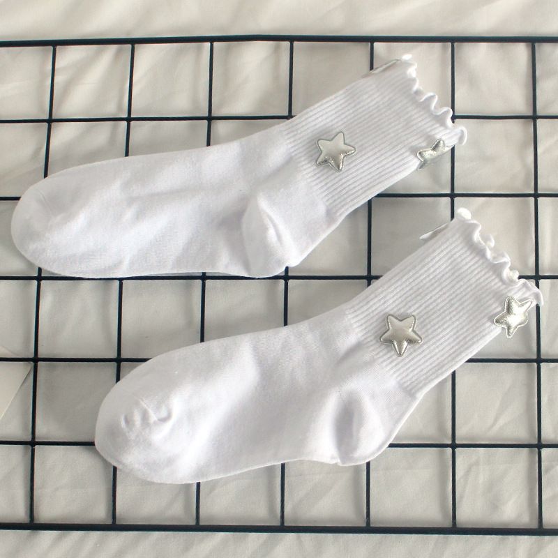 Socken Stern Einfarbige Damen-Mittelrohrsocken aus Holzohren Süße lange Socken Vier Jahreszeiten Studentensport-Baumwollsocken_voghion.com