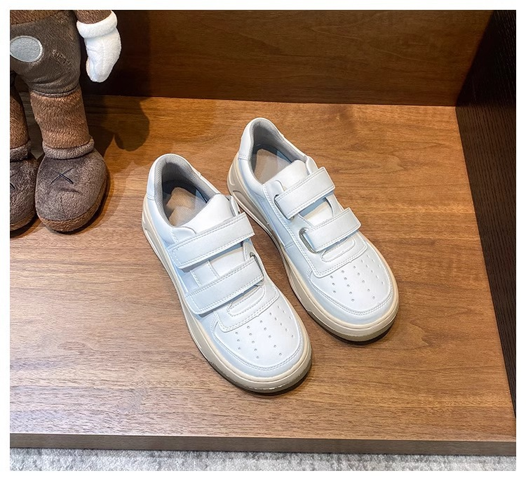 Lächelndes Gesicht, echtes Leder, dicke Sohle, Klettverschluss, kleine weiße Schuhe für Damen, Frühling und Herbst, vielseitige und trendige Sneaker_voghion.com