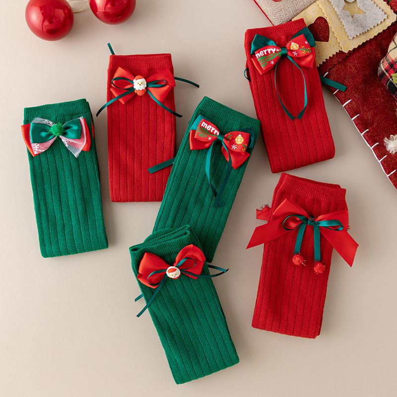 Calcetines para niños Otoño e invierno Calcetines con lazo rojo Calcetines de algodón rojos para niñas Calcetines navideños_voghion.com