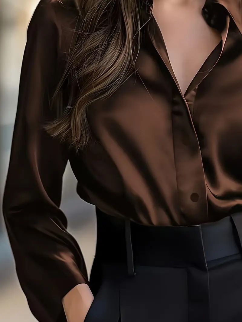 Camicia classica a maniche lunghe con bottoni da donna – Eleganza tinta unita (Borgogna/Marrone/Blu navy/Nero, S-XXL)_voghion.com