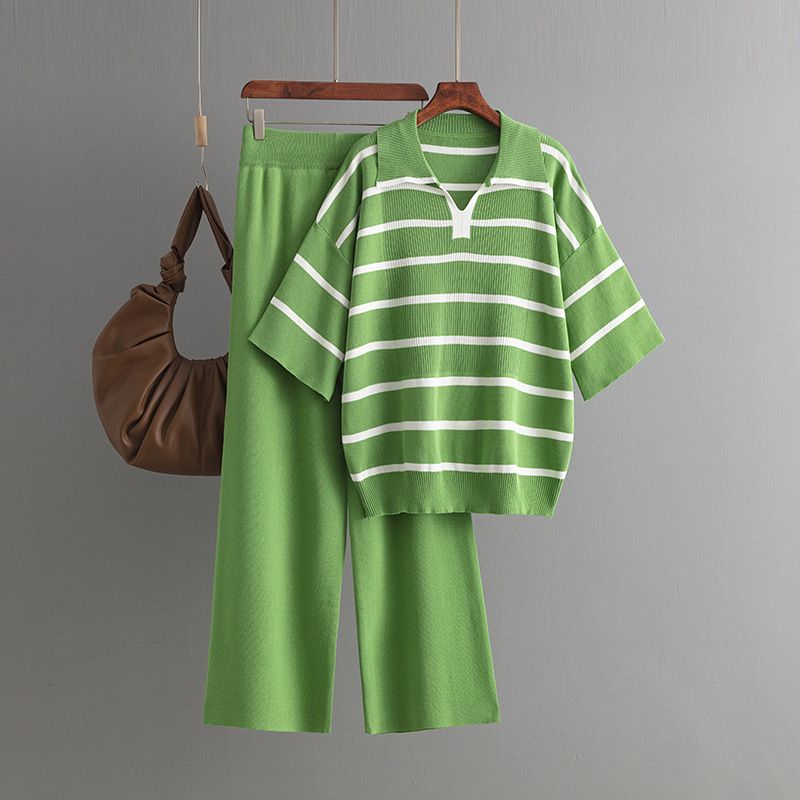 Women's Clothing contrast striped fashion suit new casual loose knitted wide leg pants two piece suit_voghion.com