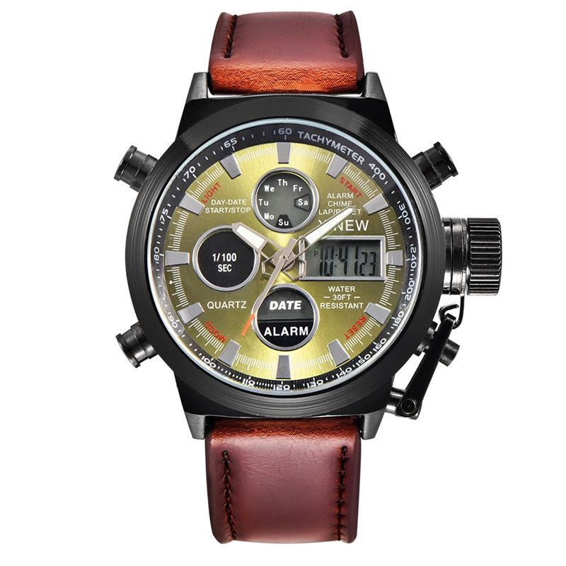 Men's Sport Watch With Analog-Digital Display, GMT Function, Date & Week Indicator, Luminous Hands, PU Leather Strap, Alloy Case_voghion.com