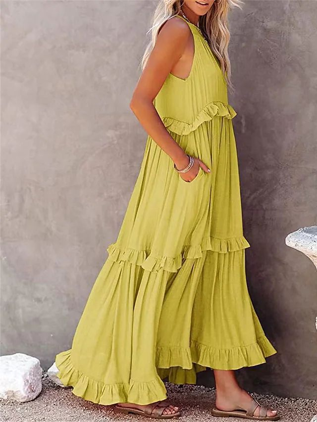 Vestidos largos con volantes estilo festivo para mujer Vestidos de playa fluidos con gran oscilación_voghion.com