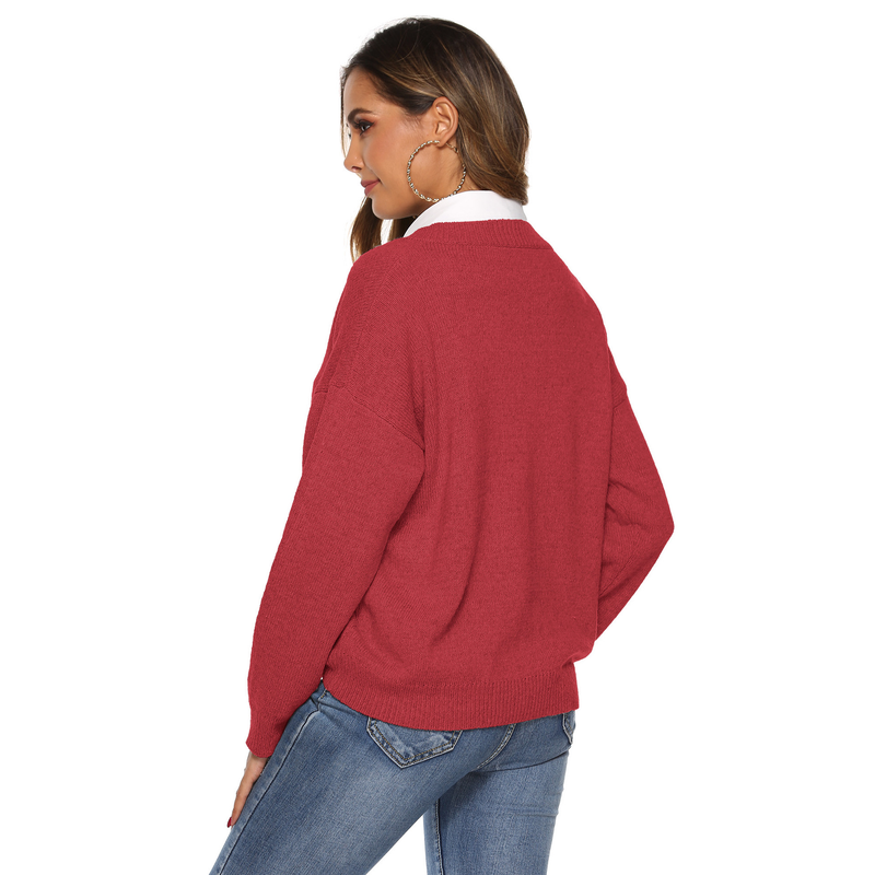 Pull ample à col en v tissé simple pour femme, couleur unie, haut chaud_voghion.com
