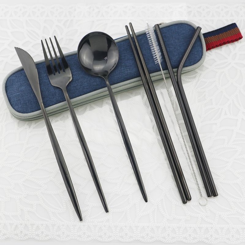 1Set Shiny Gold Travel Dinnerware Stainless Steel Flatware Spoon Fork Knife Cutlery Set With Chopsticks Straws_voghion.com
