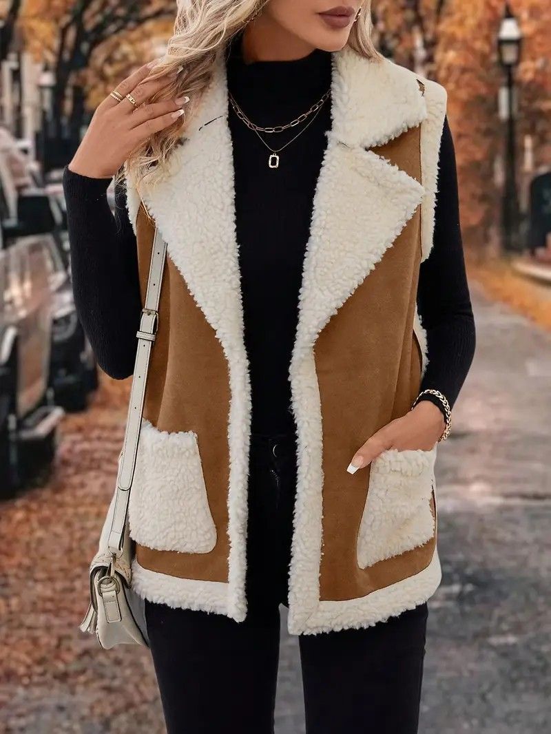 Vêtements pour femmes : gilet polaire d'hiver sans manches, veste surdimensionnée doublée de daim avec poches, pièce décontractée à superposer (noir/kaki foncé)_voghion.com