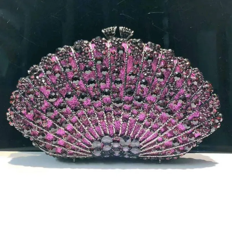 Designer Fan-Shaped Dia Dinner Hollowed-Out Metal Rhinestones Clutch Handbag For Women Wedding Party Chains Shoulder_voghion.com