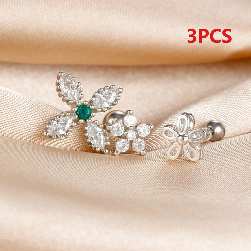 Unisex fashion zircon piercing ear bone nail flower small stainless steel screw ball earring set earrings_voghion.com