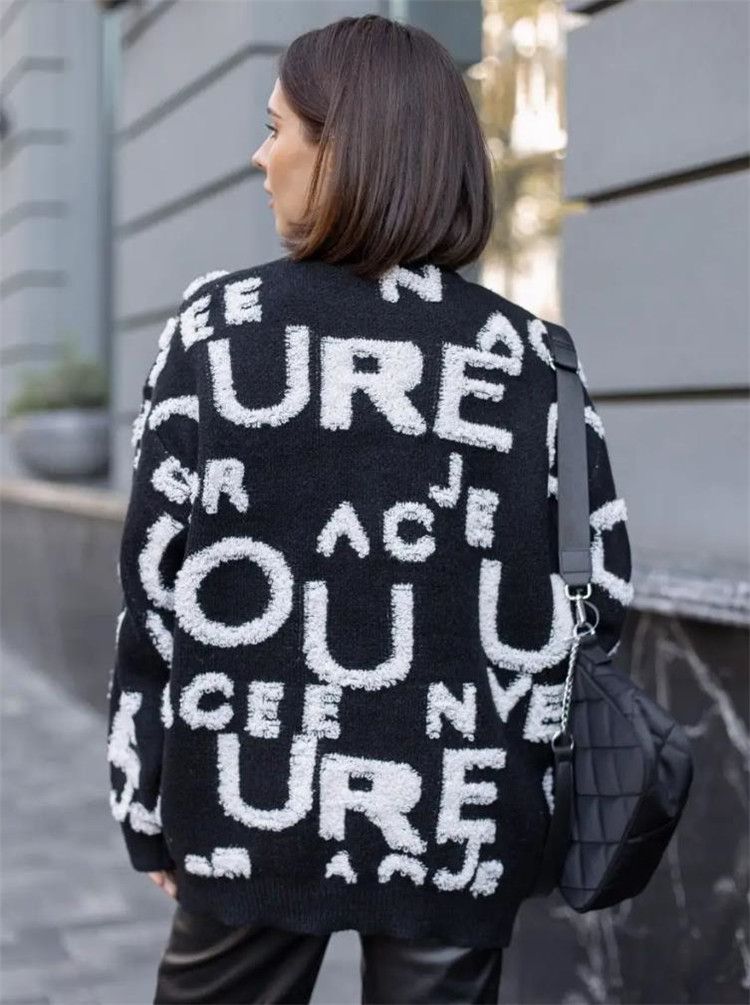 Vêtements pour femmes nouvelle automne et hiver col rond pull tricoté à manches longues veste pour femme pull chaud épais lettre décontracté_voghion.com