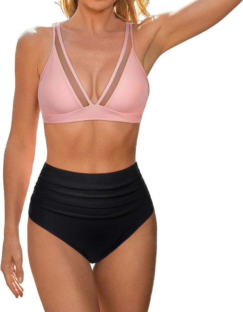 2024 Neuer Bikini mit hoher Taille und Netzstoff, sexy, offener Rücken, plissierter Badeanzug_voghion.com