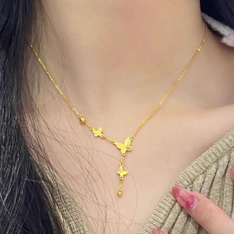 French Style Light Luxury Butterfly Tassel Titanium Steel Necklace For Women, Gentle And Versatile, High-end Gold Lock_voghion.com