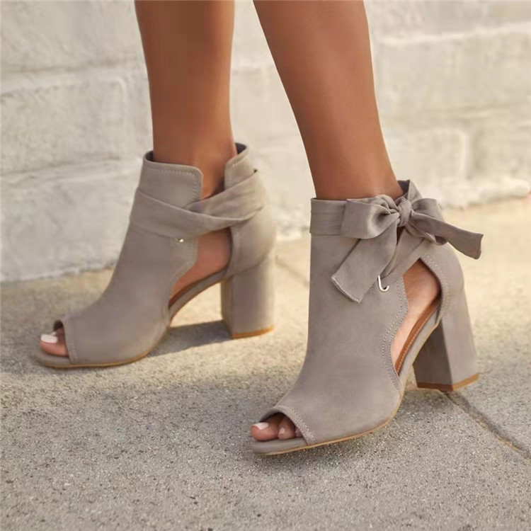 Sandali di medie dimensioni da donna con fiocco laterale e tacco spesso, scarpe romane con bocca di pesce_voghion.com