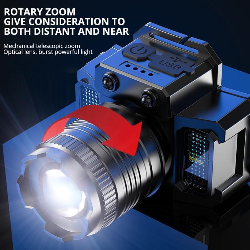 Faro con sensore di luce forte Faro portatile con zoom ruotabile a LED Lampada da esterno ricaricabile impermeabile montata sulla testa XYZ_voghion.com