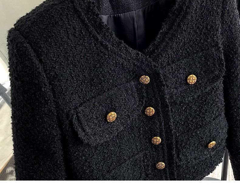Elegante giacca corta in tweed nero da donna - Blazer corto in stile classico con maniche lunghe, scollo rotondo e bottoni (S/M/L/XL)_voghion.com