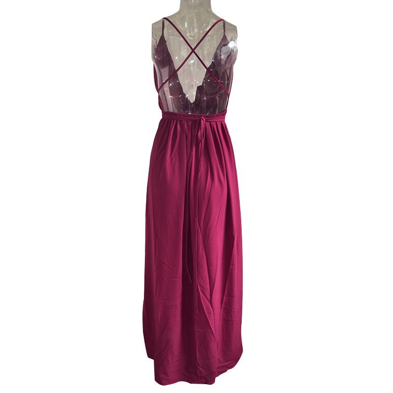 Pralles großes rotes V-Ausschnitt-Unterhemd im Urlaubsstil, rückenfreies Chiffon-Kleid im französischen Bohemian-Stil für Damen_voghion.com