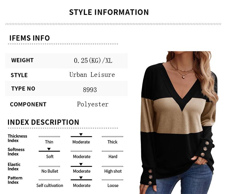 Maglietta a maniche lunghe a contrasto da donna, con bottoni a contrasto, scollo a V casual da donna_voghion.com