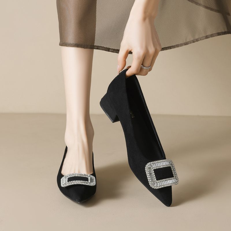 French Temperament High Heels Rhinestone Single Shoes Women's Spring Black Thick Heel Commuter Women's Shoes_voghion.com