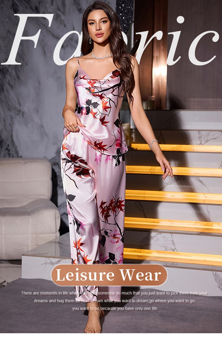 Wind Print Pajamas Sleep Pants Spring Autumn Women's Homewear Sexy Comfortable Silk Robe Set_voghion.com