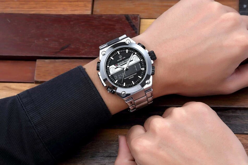 GOLDENHOUR Relógio de pulso masculino militar de aço inoxidável com data, esportivo, analógico e digital de quartzo, à prova d'água, com tela de LED_voghion.com
