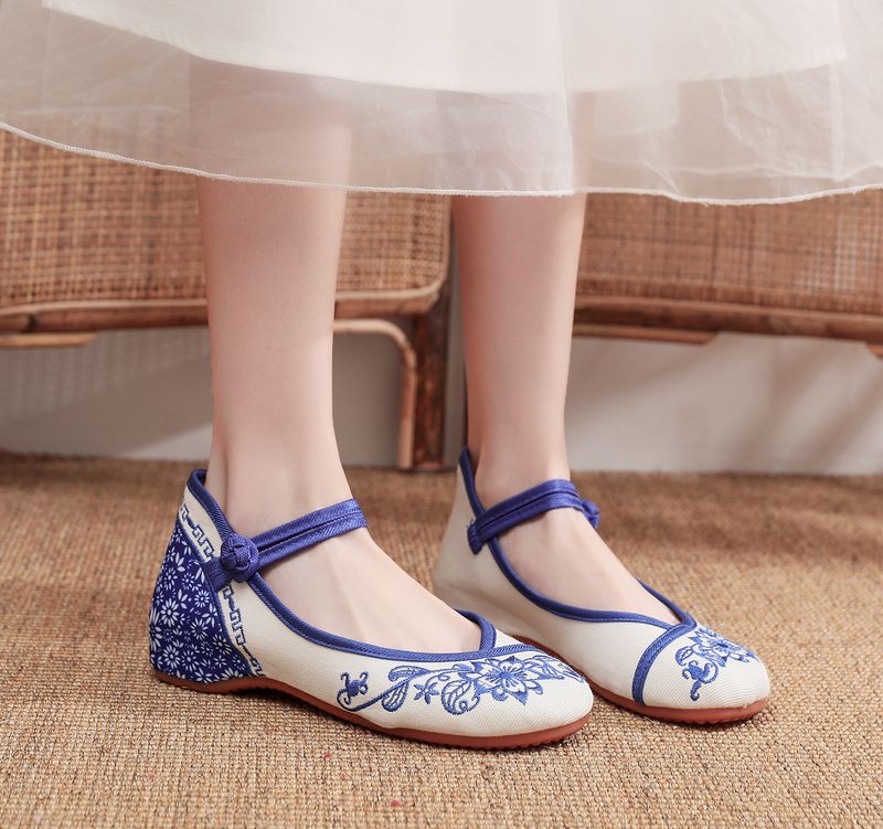 Scarpe da ballo da donna con tacco basso e fibbia, stile etnico, con suola in tessuto con tendine di mucca._voghion.com