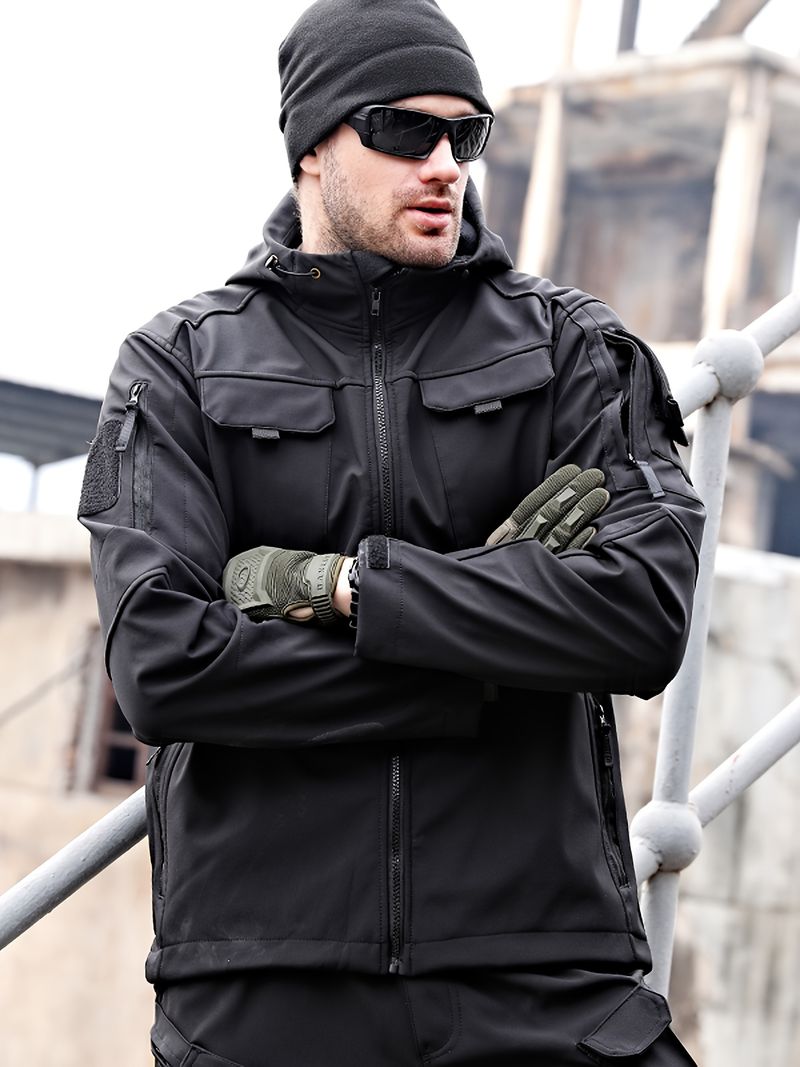 Men's -Lined Tactical Windbreaker Jacket Winter Shark Beige Softshell Hooded Coat With MOLLE System, Multi-Pocket Design_voghion.com