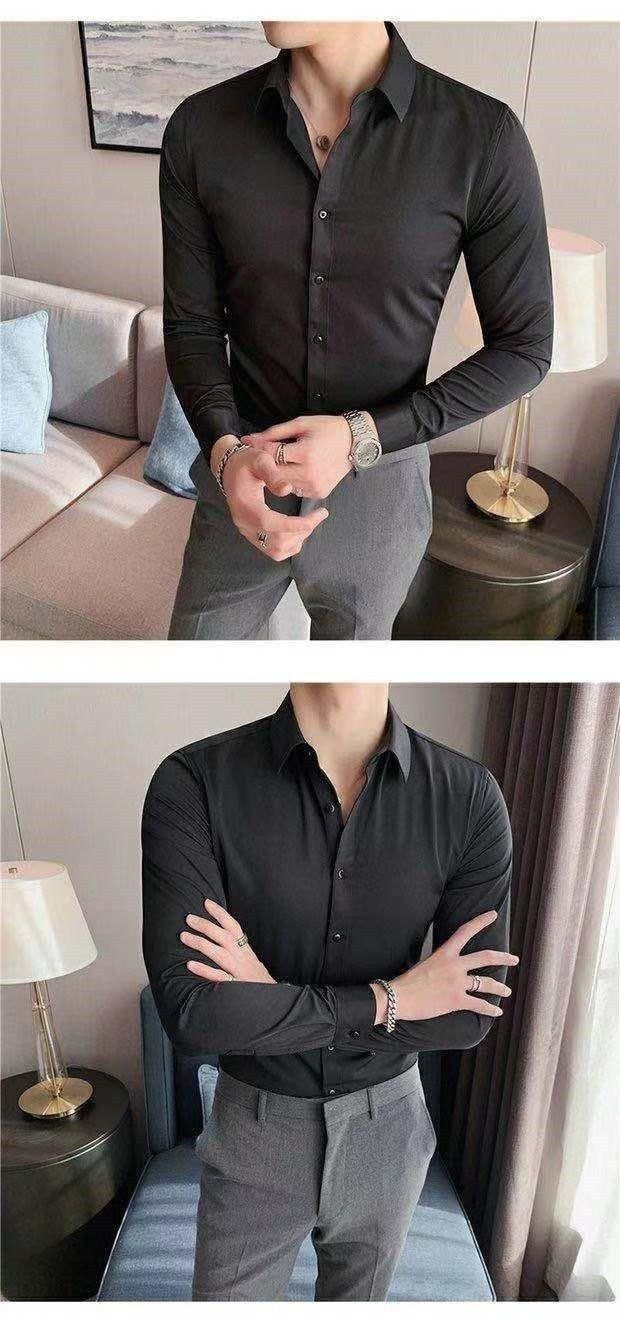 Camicia a maniche lunghe slim fit da uomo, nera e bianca, casual, con bottoni, per lavoro e ufficio (S-5XL)_voghion.com