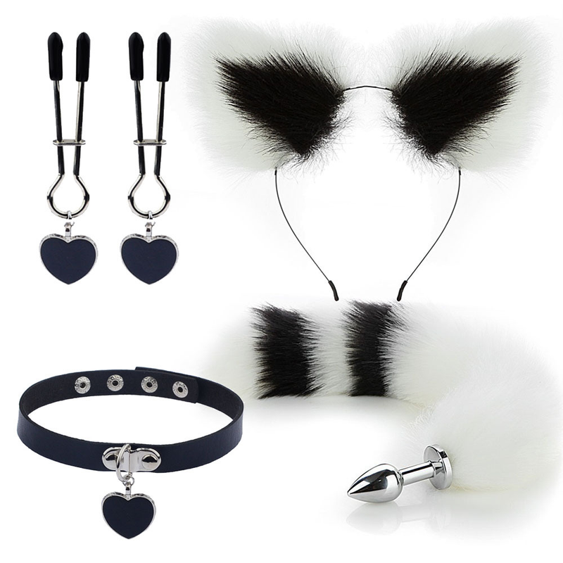 Set di 4 pezzi in metallo con coda di volpe, dilatatore anale, morsetto per capezzoli, collare per adulti, giochi erotici, cosplay anale_voghion.com