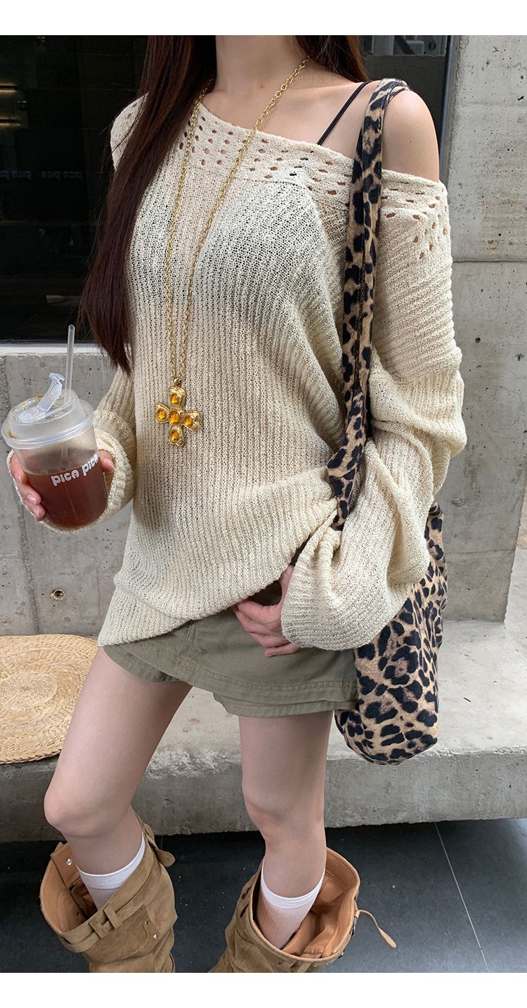 Sun Protection Cover-Up For Women Summer 2025 New Knitted Top Asymmetrical Shoulder Hollow Out Loose_voghion.com