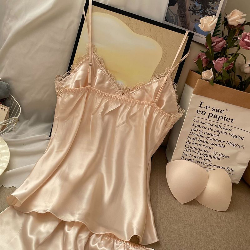 Underwear & Sleepwears Sexy Padded Camisole Sleepwear Set - Summer Satin Lace Bralette & Shorts Two-Piece Outfit For Women, Comfortable Lounge Wear_voghion.com