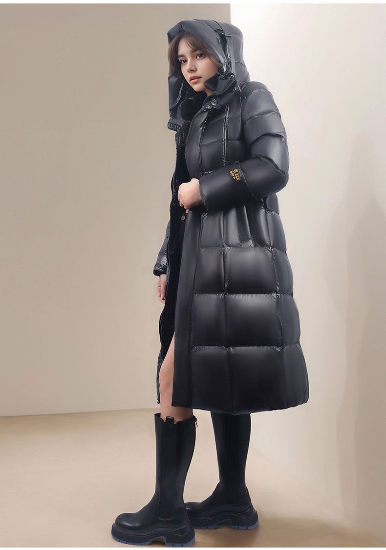Women's Clothing Long Puffer Coat - Knee-Length Slim Fit Winter Jacket With 55% White Duck Down, 9-Panel Quilting, Belted Waist, Hooded (Sizes M-2XL)_voghion.com