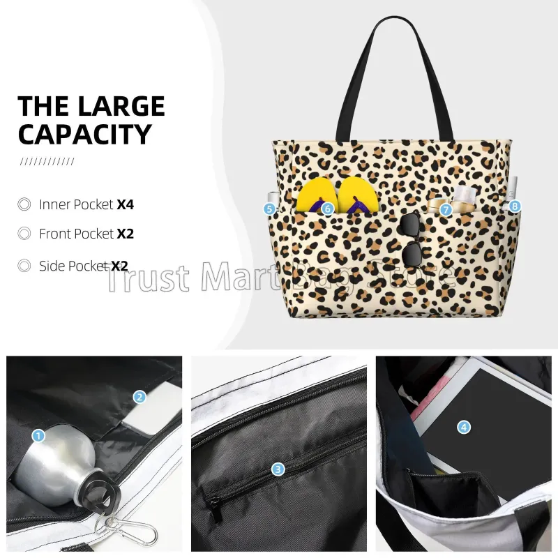Leopard Print Large Waterproof Beach Women Sandproof Tote Pool Bag With Zipper And Pockets For Travel Vacation Gym_voghion.com