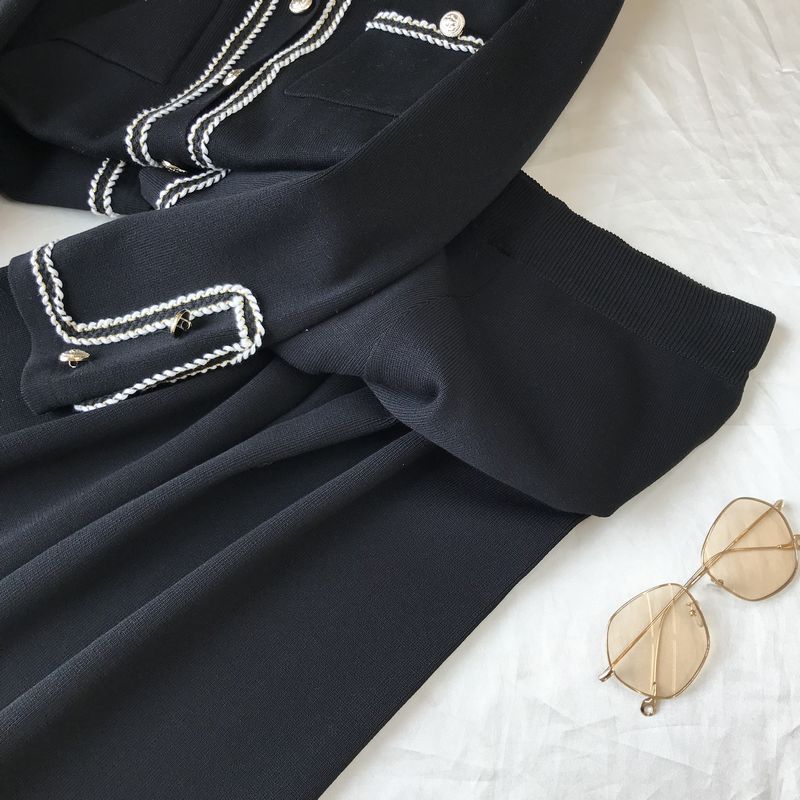 Kadın moda yuvarlak boyun örme hırka üst geniş bacak pantolon iki parçalı set_voghion.com